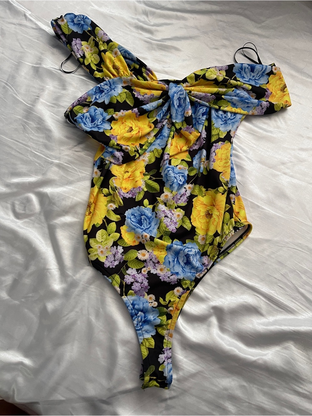 Zara Floral Off-Shoulder One-Piece Bodysuit in Black, Yellow & Blue